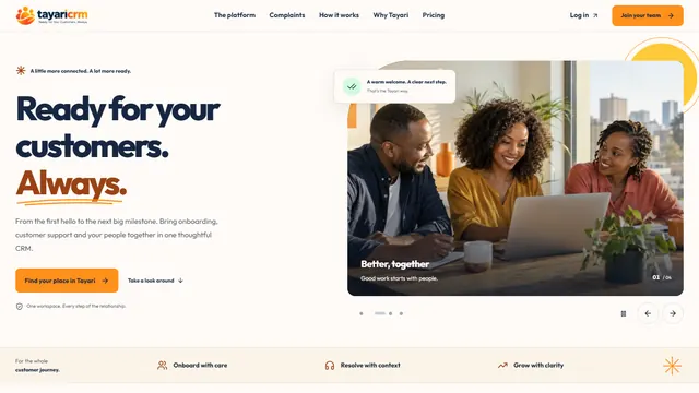 Screenshot of the Tayari CRM public website